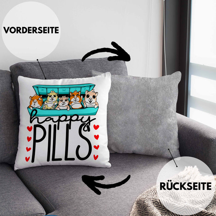 Lustiges Geschenk für Hamsterliebhaber: "Happy Pills" Kissen mit Füllung 40x40 Hamster Besitzer Grafik Züchter (Grau) Grau Trendation