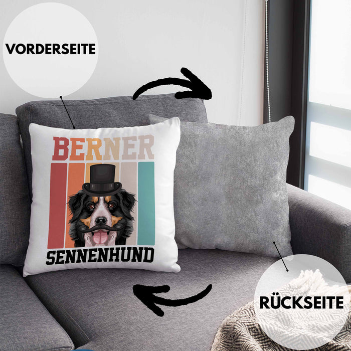 Berner Sennen Besitzer Kissen mit Füllung 40x40 Geschenk Lustiger Spruch Geschenkidee Retro Vinatge Berner Sennen (Grau) Grau Trendation