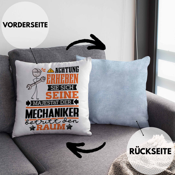 Mechaniker Geschenk Kissen mit Füllung 40x40 Lustiger Spruch Erheben Sie Sich Der Mechaniker Betritt den Raum (Grau) Blau Trendation