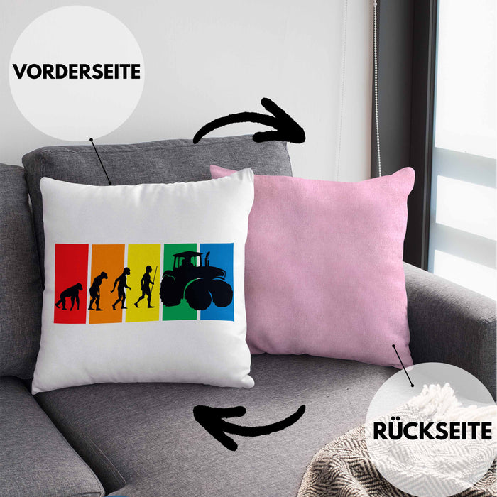 Lustige Traktor Kissen mit Füllung 40x40 Geschenk für Bauer Landwirt Evolution Grafik (Grau) Rosa Trendation