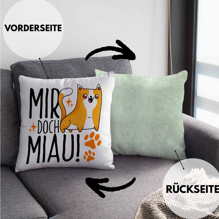 Katzen Kissen mit Füllung 40x40 Lustige Geschenkidee "Mir Doch Miau" Geschenk für Katzen-Besitzerin (Grau) Grün Trendation