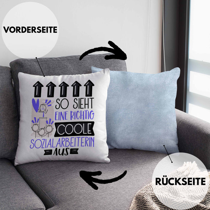 Sozialarbeiterin Geschenk Kissen mit Füllung 40x40 Geschenkidee für Sozialarbeiterin Geburtstag Weihnachten Spruch So Sieht Eine Richtig Coole Sozialarbeiterin Aus (Grau) Blau Trendation