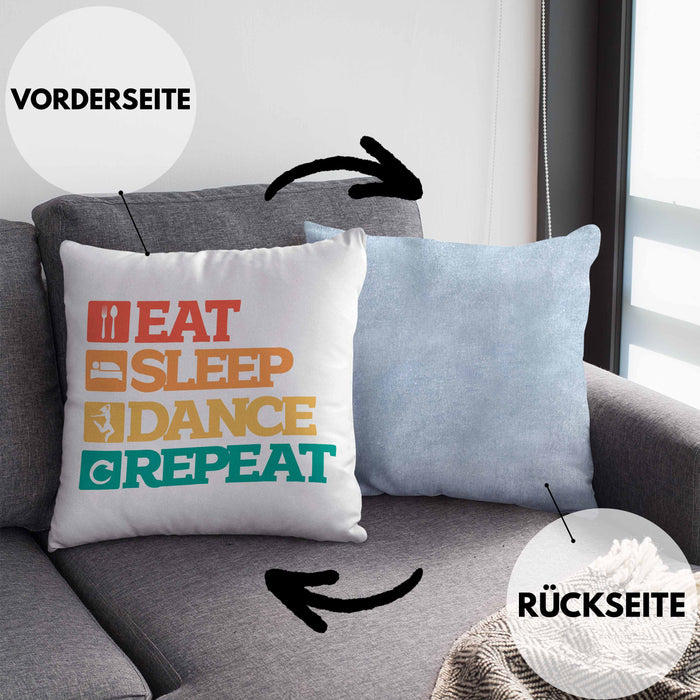 Lustige Tänzer Kissen mit Füllung 40x40 Geschenk für Tanzbegeisterte Tanzlehrer Grafik Eat Sleep Dance Repeat (Grau) Blau Trendation