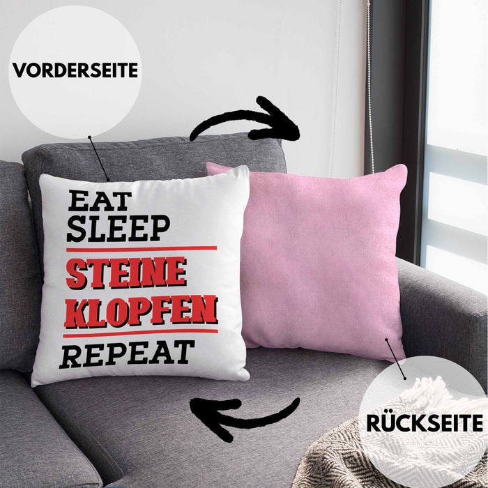 Steinmetz Kissen mit Füllung 40x40 Geschenk Spruch Geschenkidee Eat Sleep Steine Klopfen Repeat (Grau) Rosa Trendation