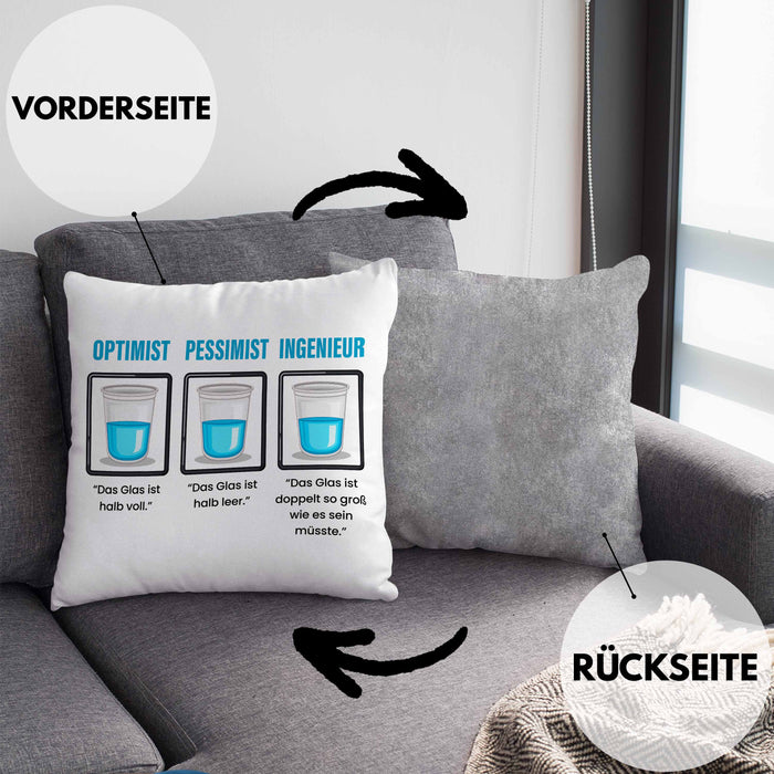 Ingenieur Kissen mit Füllung 40x40 Geschenk Spruch Geschenkidee für Ingenieure Das Glas Ist Doppelt So Groß Wie Es Sein Muss (Grau) Grau Trendation