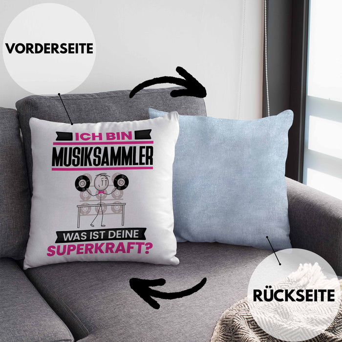 Musiksammler Kissen mit Füllung 40x40 Geschenk für Musiksammler Geburtstag Lustiger Spruch Was Ist Deine Superkraft (Grau) Blau Trendation