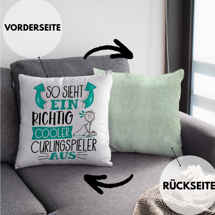 Curlingspieler Kissen mit Füllung 40x40 Geschenk So Sieht Ein RIchtig Cooler Curlingspieler Aus Geschenkidee Lustiger Spruch Geburtstag Curling Spieler (Grau) Grün Trendation