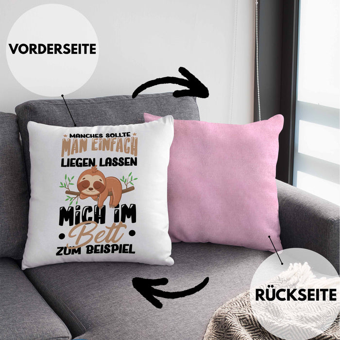 Faultier Kissen mit Füllung 40x40 Geschenk Faullenzer Manches Sollte Man Einfach Liegen Lassen Mich Im Bett Zum Beispiel Freundin Geschenkidee (Grau) Rosa Trendation