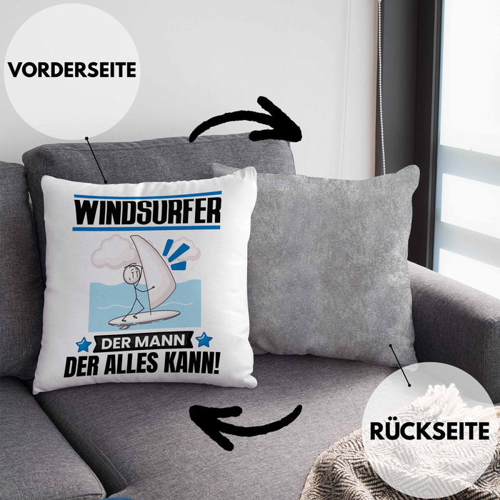 Windsurfer Kissen mit Füllung 40x40 Geschenk für Windsurfer Der Mann Der Alles Kann Geschenkidee zum Geburtstag (Grau) Grau Trendation