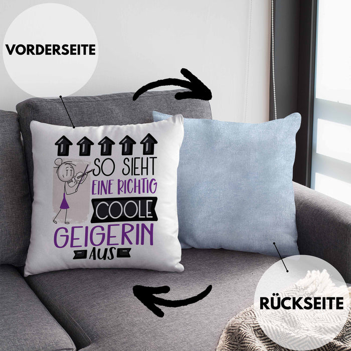 Geigerin Geschenk Kissen mit Füllung 40x40 Geschenkidee für Geigerin Geburtstag Weihnachten Spruch So Sieht Eine Richtig Coole Geigerin Aus (Grau) Blau Trendation