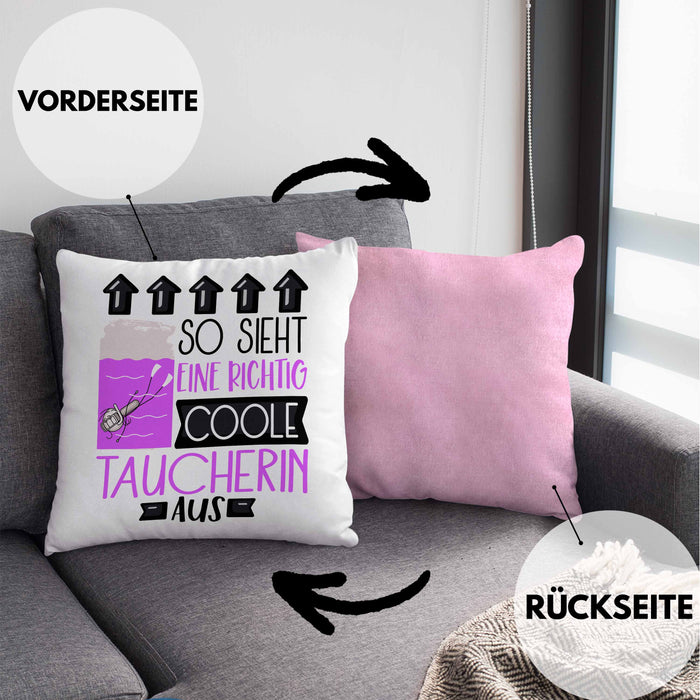 Taucherin Geschenk Kissen mit Füllung 40x40 Lustig Geschenkidee für Taucherin Geburtstag So Sieht Eine Richtig Coole Taucherin Aus Frauen Spruch (Grau) Rosa Trendation