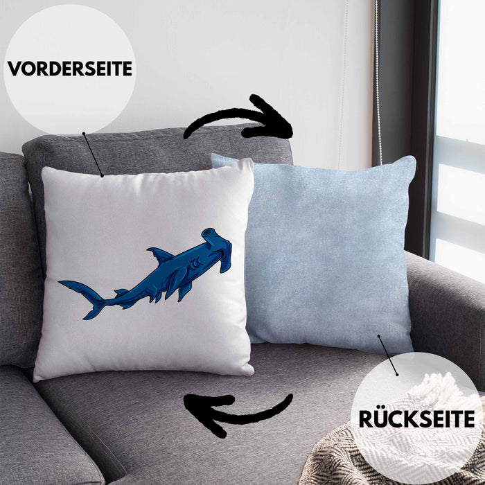 Kissen mit Füllung 40x40 mit Hammerhai und Haifisch Grafik Geschenk für Ozeanliebhaber (Grau) Blau Trendation