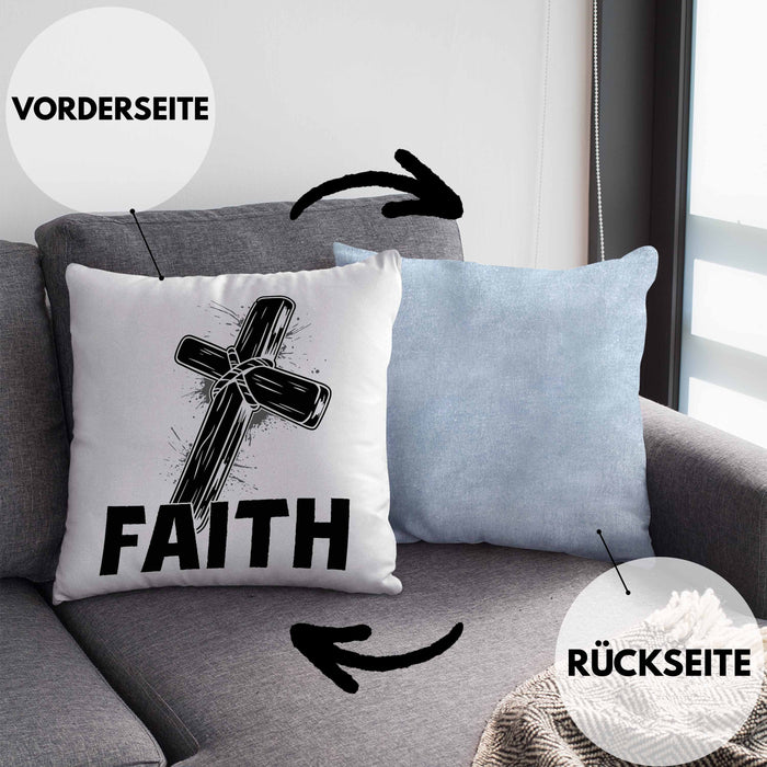 Faith Kissen mit Füllung 40x40 Geschenk Jesus Glauben Geschenkidee Kirche Ostern Christentum Häferl (Grau) Blau Trendation