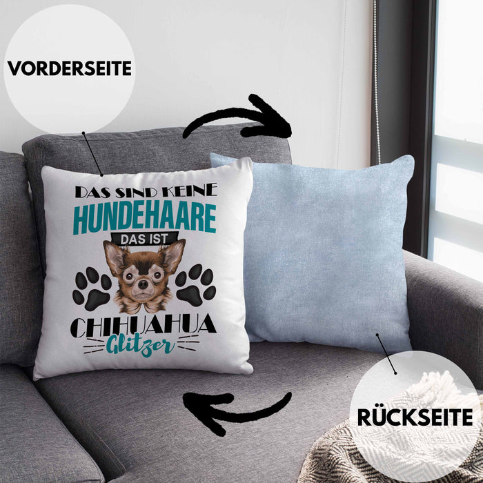 Chihuhahua Besitzer Kissen mit Füllung 40x40 Geschenk Das Ist Chihuhahua Glitzer Hundehaare Geschenkidee Frauchen Herrchen (Grau) Blau Trendation