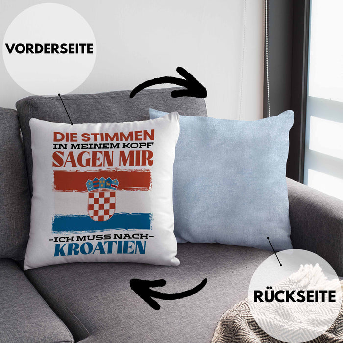 Kroatien Kissen mit Füllung 40x40 Urlaub Heimat Geschenk Spruch Kroatie Geschenkidee (Grau) Blau Trendation