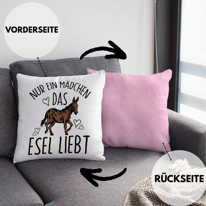 Lustige Esel-Kissen mit Füllung 40x40 Geschenk für Mädchen, die Esel lieben "Nur Ein Mädchen Das Esel Liebt" (Grau) Rosa Trendation