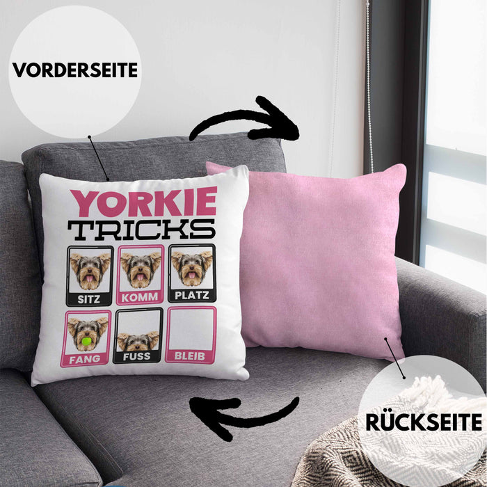 Yorkie Besitzer Kissen mit Füllung 40x40 Geschenk Lustiger Spruch Geschenkidee Yorkie Tricks Bleib (Grau) Rosa Trendation