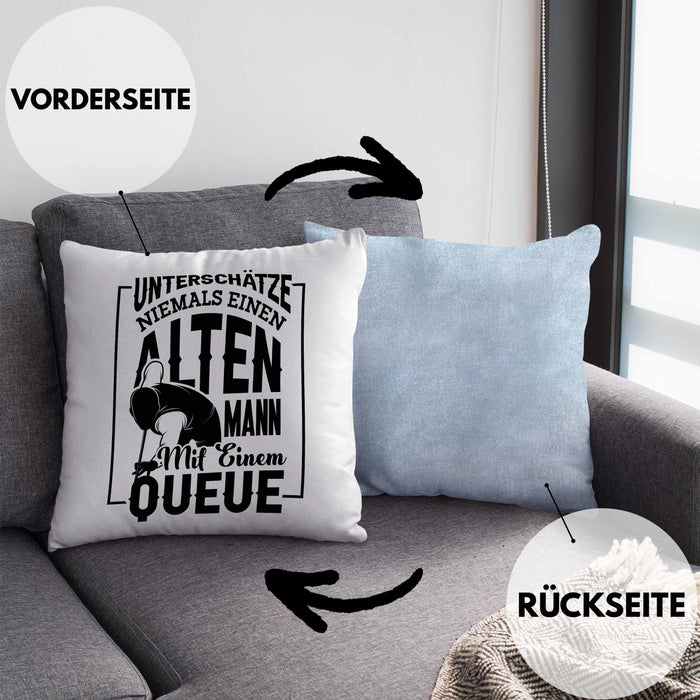 Billard Pool Kissen mit Füllung 40x40 Geschenk Unterschätze Niemals Einen Alten Mann Mit Einem Queue (Grau) Blau Trendation