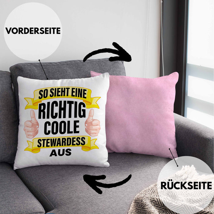 Stewardess Kissen mit Füllung 40x40 Geschenk für Stewardessin Lustiger Spruch Lustig Flugbegleiterin Sprüche (Grau) Rosa Trendation