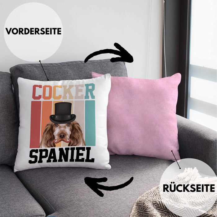 Cocker Spaniel Besitzer Kissen mit Füllung 40x40 Geschenk Lustiger Spruch Geschenkidee Retro Vinatge Cocker Spaniel (Grau) Rosa Trendation