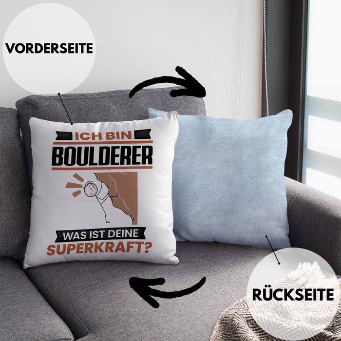 Boulderer Kissen mit Füllung 40x40 Geschenk für Boulderer Geburtstag Lustiger Spruch Was Ist Deine Superkraft (Grau) Blau Trendation
