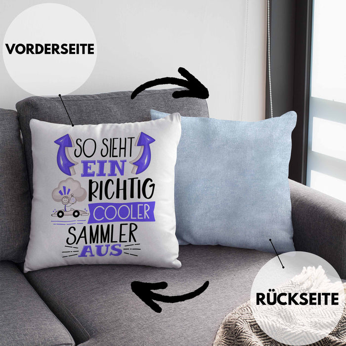 So Sieht Ein Richtig Cooler Sammler Aus Geschenk Kissen mit Füllung 40x40 Lustiger Spruch Geschenkidee (Grau) Blau Trendation