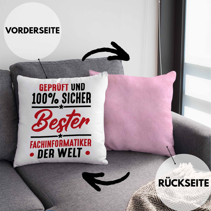 Fachinformatiker Geschenk Kissen mit Füllung 40x40 Geprüft Sicher Geschenkdiee für Fach-Finformatiker Geschenkdiee Spruch (Grau) Rosa Trendation