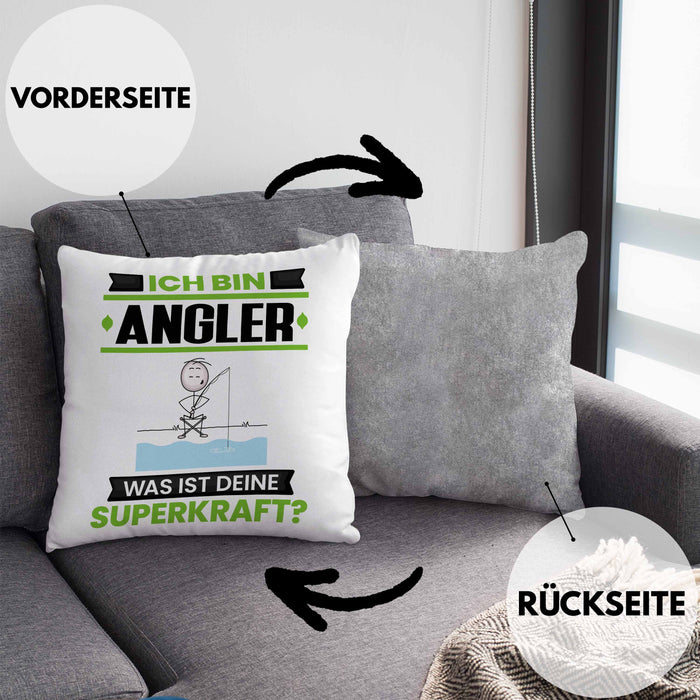 Angler Kissen mit Füllung 40x40 Geschenk für Angler Geburtstag Lustiger Spruch Was Ist Deine Superkraft (Grau) Grau Trendation