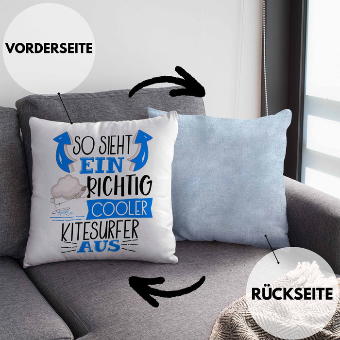 So Sieht Ein Richtig Cooler Kitesurfer Aus Geschenk Kissen mit Füllung 40x40 Lustiger Spruch Geschenkidee (Grau) Blau Trendation