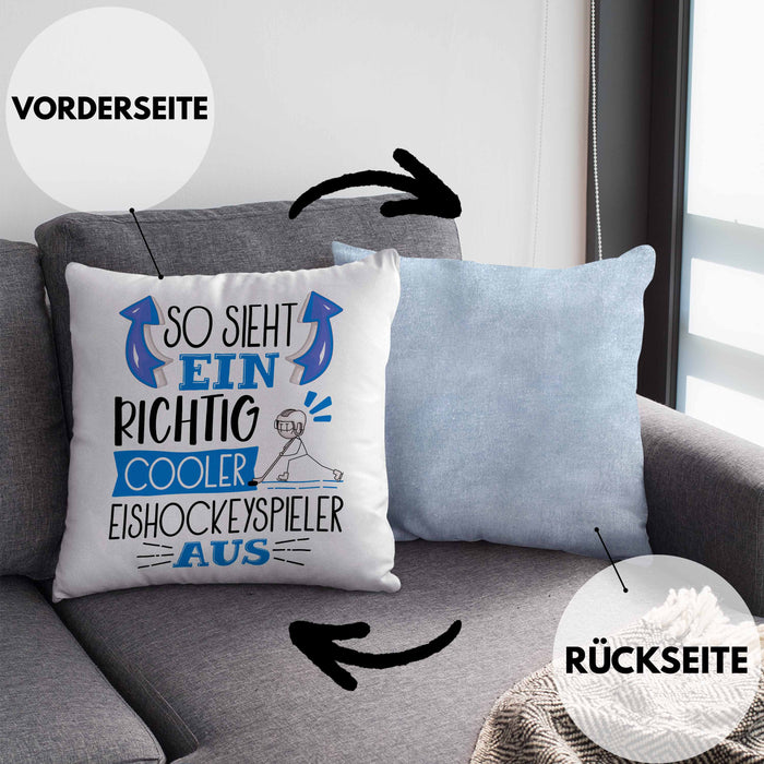 So Sieht Ein Richtig Cooler Eishockeyspieler Aus Geschenk Kissen mit Füllung 40x40 Lustiger Spruch Geschenkidee (Grau) Blau Trendation