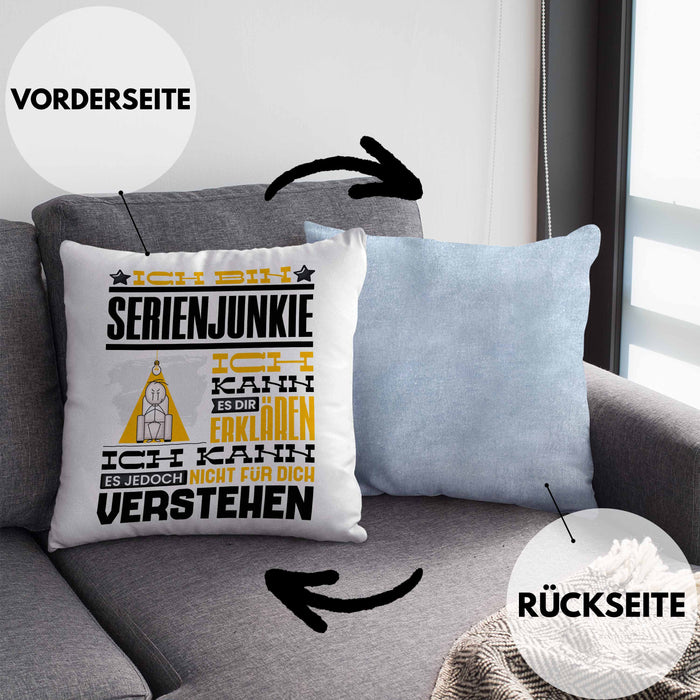 Serienjunkie Geschenk Kaffee-Kissen mit Füllung 40x40 Geschenkidee für Serienjunkie Ich Bin Serienjunkie Ich Kann Es Dir Erklären Jedoch Nicht Für Dich Verstehen Spruch Lustig (Grau) Blau Trendation