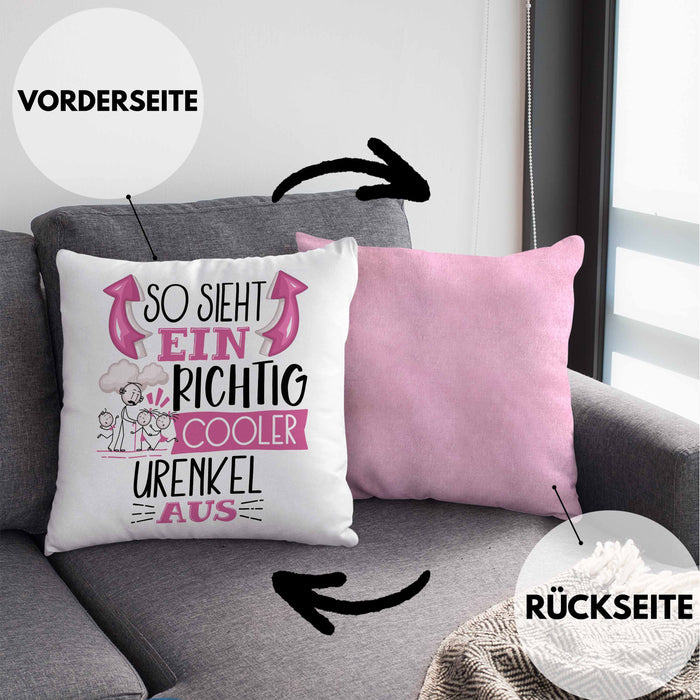 Urenkel Kissen mit Füllung 40x40 Geschenk So Sieht Ein RIchtig Cooler Urenkel Aus Geschenkidee Lustiger Spruch Geburtstag (Grau) Rosa Trendation