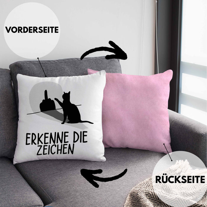 Erkenne Die Zeichen Kissen mit Füllung 40x40 Geschenk Kissen mit Füllung 40x40 Mittelfing** Geschenkidee Sarkasmus Spruch (Grau) Rosa Trendation