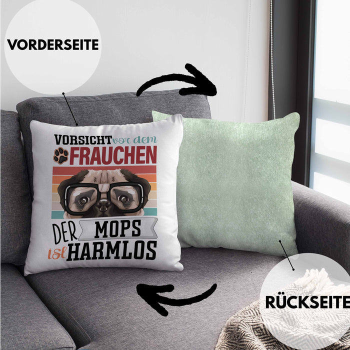 Mops Besitzerin Frauchen Kissen mit Füllung 40x40 Geschenk Lustiger Spruch Geschenkidee Vorsicht Vor Dem Frauchen (Grau) Grün Trendation