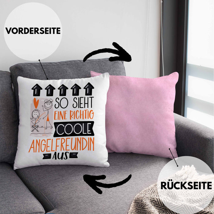 Angelfreundin Geschenk Kissen mit Füllung 40x40 Lustig Geschenkidee für Angelfreundin Geburtstag So Sieht Eine Richtig Coole Angelfreundin Aus Frauen Spruch Anglerin (Grau) Rosa Trendation