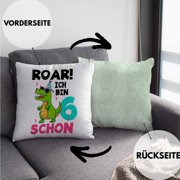 6. Geburtstag Kissen mit Füllung 40x40 Geschenk Lustiger Spruch Roar Ich Bin Schon 6 Dinosaurier Geschenkidee Geburtstag (Grau) Grün Trendation
