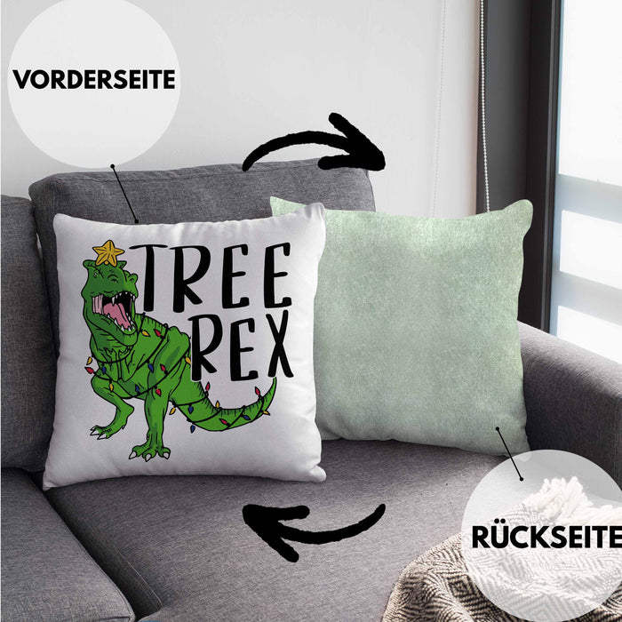 Tree Rex Kissen mit Füllung 40x40 Geschenk T-Rex Geschenkidee Jungs Weihnachten Dinosaurier Xmas (Grau) Grün Trendation
