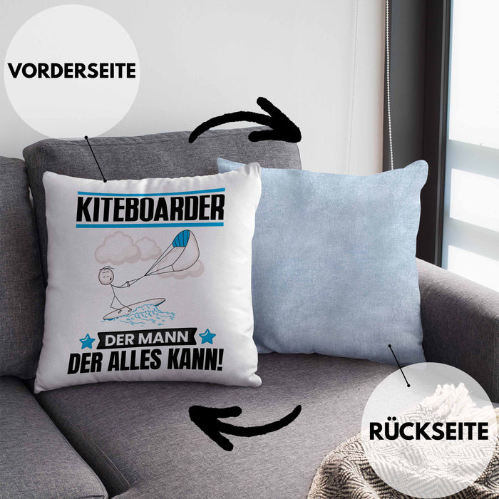 Kiteboarder Kissen mit Füllung 40x40 Geschenk für Kiteboarder Der Mann Der Alles Kann Geschenkidee zum Geburtstag (Grau) Blau Trendation