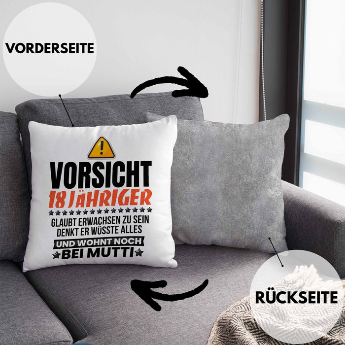 18. Geburtstag Kissen mit Füllung 40x40 Geschenk Jungs Männer Vorsicht 18 Jähriger Glaubt Erwachsen Zu Sein Wohnt Noch Bei Mutti (Grau) Grau Trendation