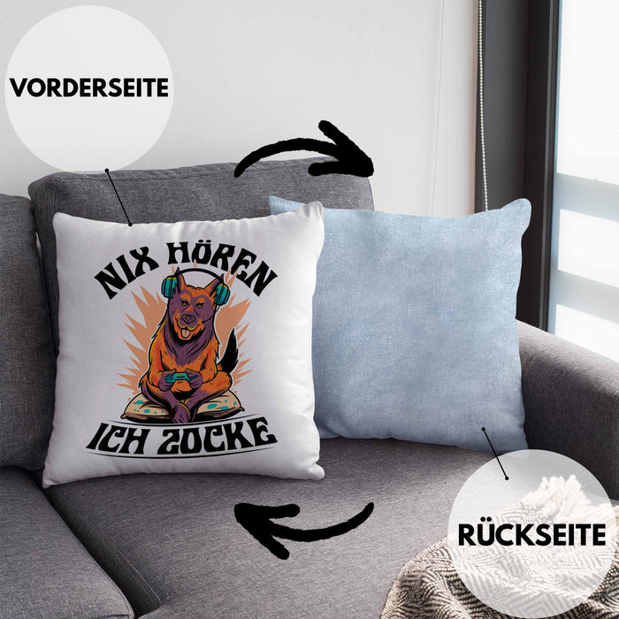 Zocker Geschenk Kissen mit Füllung 40x40 Nix Hören ich Zocke Jungs Jungen Geschenkidee zum Zocken (Grau) Blau Trendation