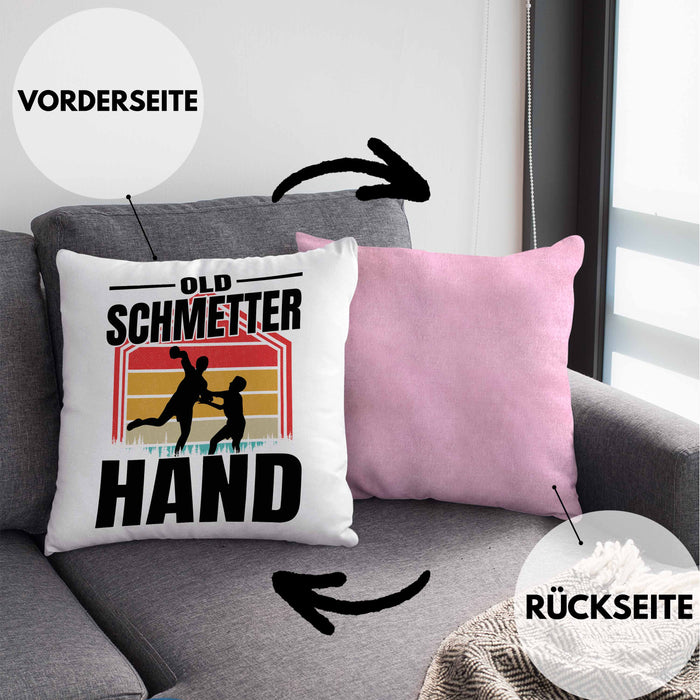 Handball Geschenk Kissen mit Füllung 40x40 Geschenkidee Handball-Spieler Handballspielerin Mädchen Jungs Old Schmetterhand (Grau) Rosa Trendation