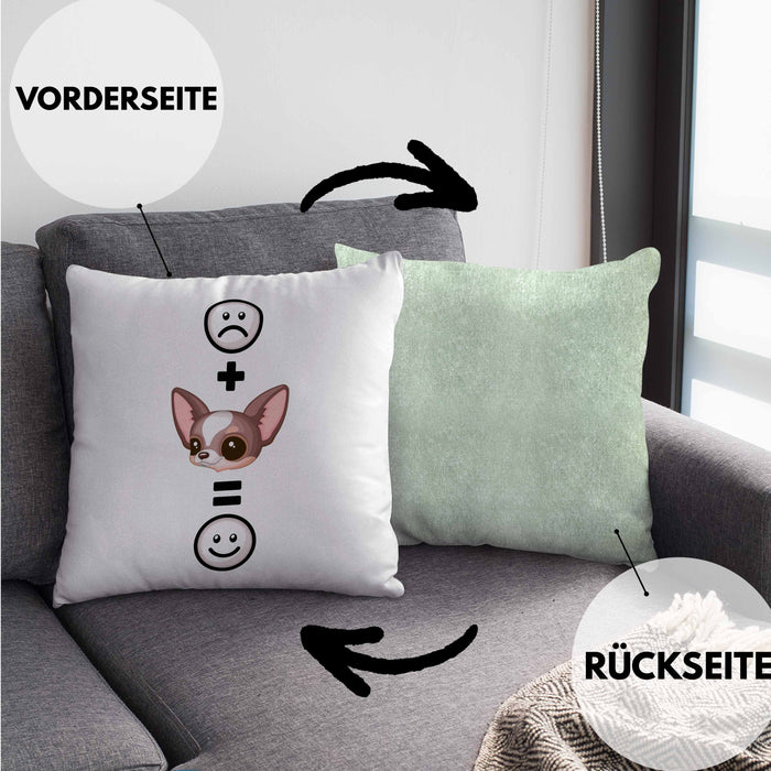 Chihuahua Kissen mit Füllung 40x40 Geschenk für Chihuahua Besitzer Lustige Geschenkidee :( + Chihuahua = :) (Grau) Grün Trendation
