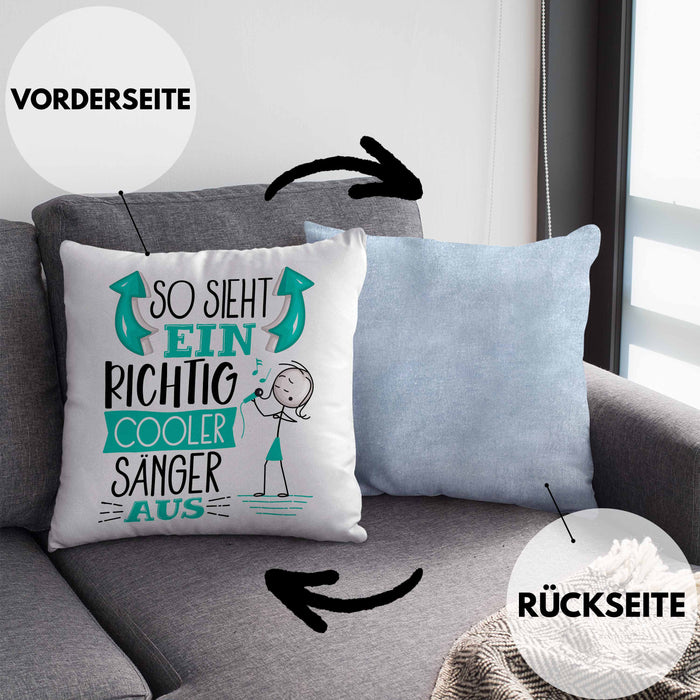 Sänger Kissen mit Füllung 40x40 Geschenk So Sieht Ein RIchtig Cooler Sänger Aus Geschenkidee Lustiger Spruch Geburtstag (Grau) Blau Trendation