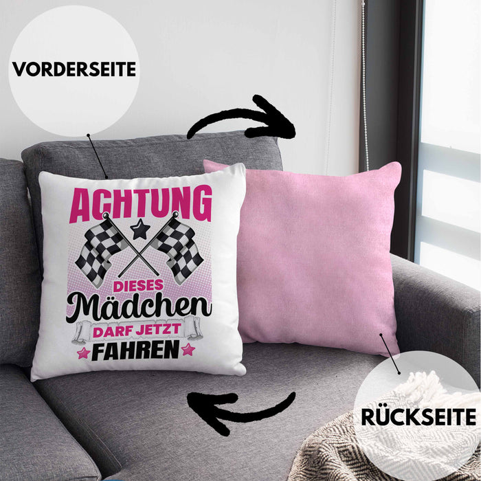 Führerschein Bestanden Geschenk Kissen mit Füllung 40x40 Bestandener Führerschein Achtung Dieses Mädchen Darf Jetzt Fahren Fahrschule (Grau) Rosa Trendation