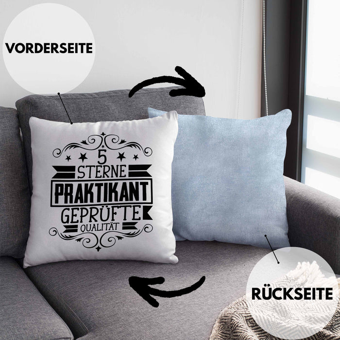 Praktikant Kissen mit Füllung 40x40 Geschenk Lustiger Spruch 5 Sterne Praktikant Geprüfte Qualiät (Grau) Blau Trendation