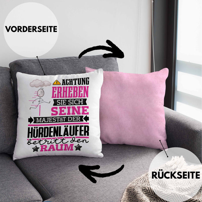Hürdenläufer Geschenk Kissen mit Füllung 40x40 Lustiger Spruch Erheben Sie Sich Der Hürdenläufer Betritt den Raum (Grau) Rosa Trendation