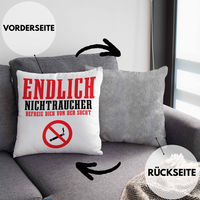 Endlich Nichttraucher Kissen mit Füllung 40x40 Geschenk Aufhören Zu Rauchen Befreie Dich Von Der Sucht (Grau) Grau Trendation