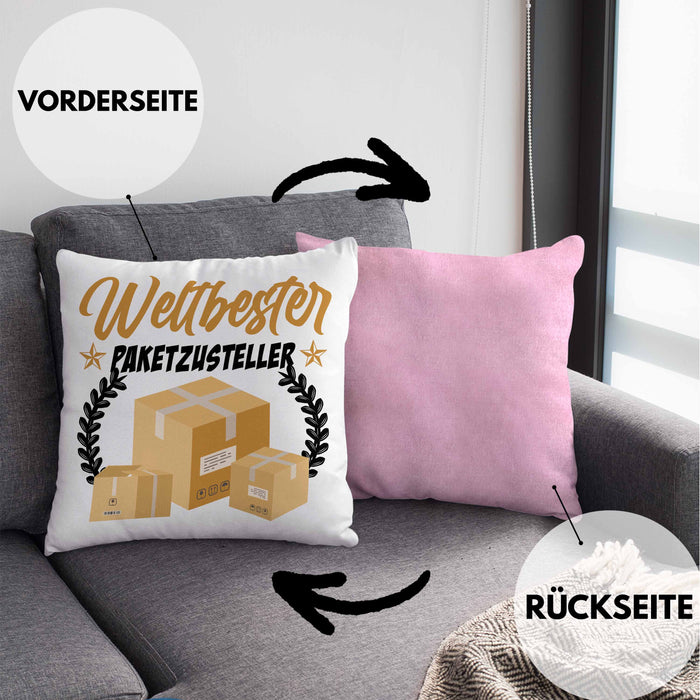 Paketzusteller Geschenk Kissen mit Füllung 40x40 Spruch Weltbester Paketzusteller Postbote (Grau) Rosa Trendation
