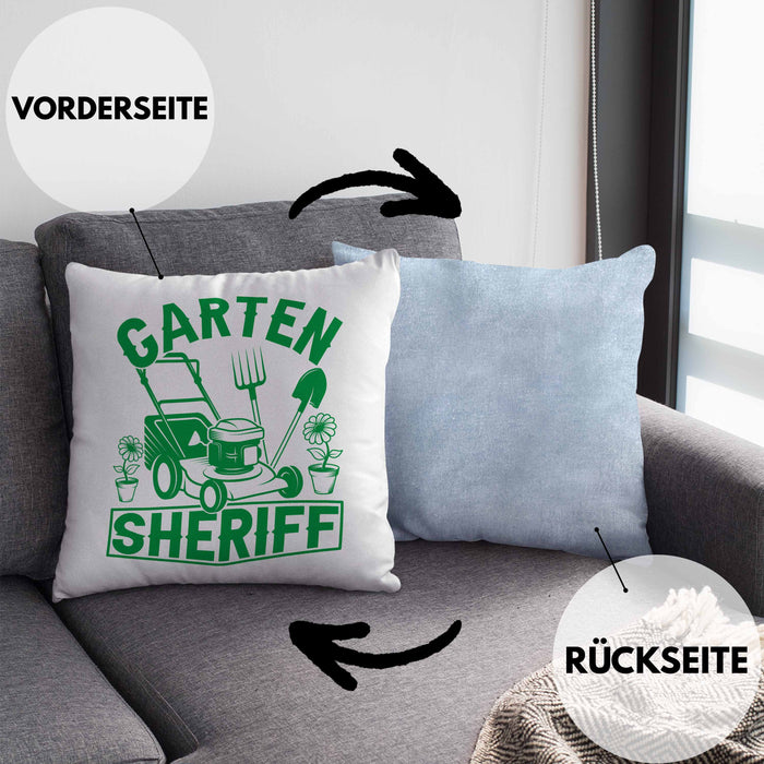 Gärtner Geschenk Kissen mit Füllung 40x40 Garten-Sheriff Geschenkidee Garten-Pflege (Grau) Blau Trendation