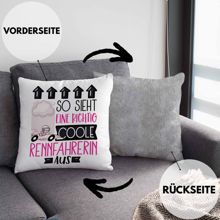 Rennfahrerin Geschenk Kissen mit Füllung 40x40 Lustig Geschenkidee für Rennfahrerin Geburtstag So Sieht Eine Richtig Coole Rennfahrerin Aus Frauen Spruch (Grau) Grau Trendation